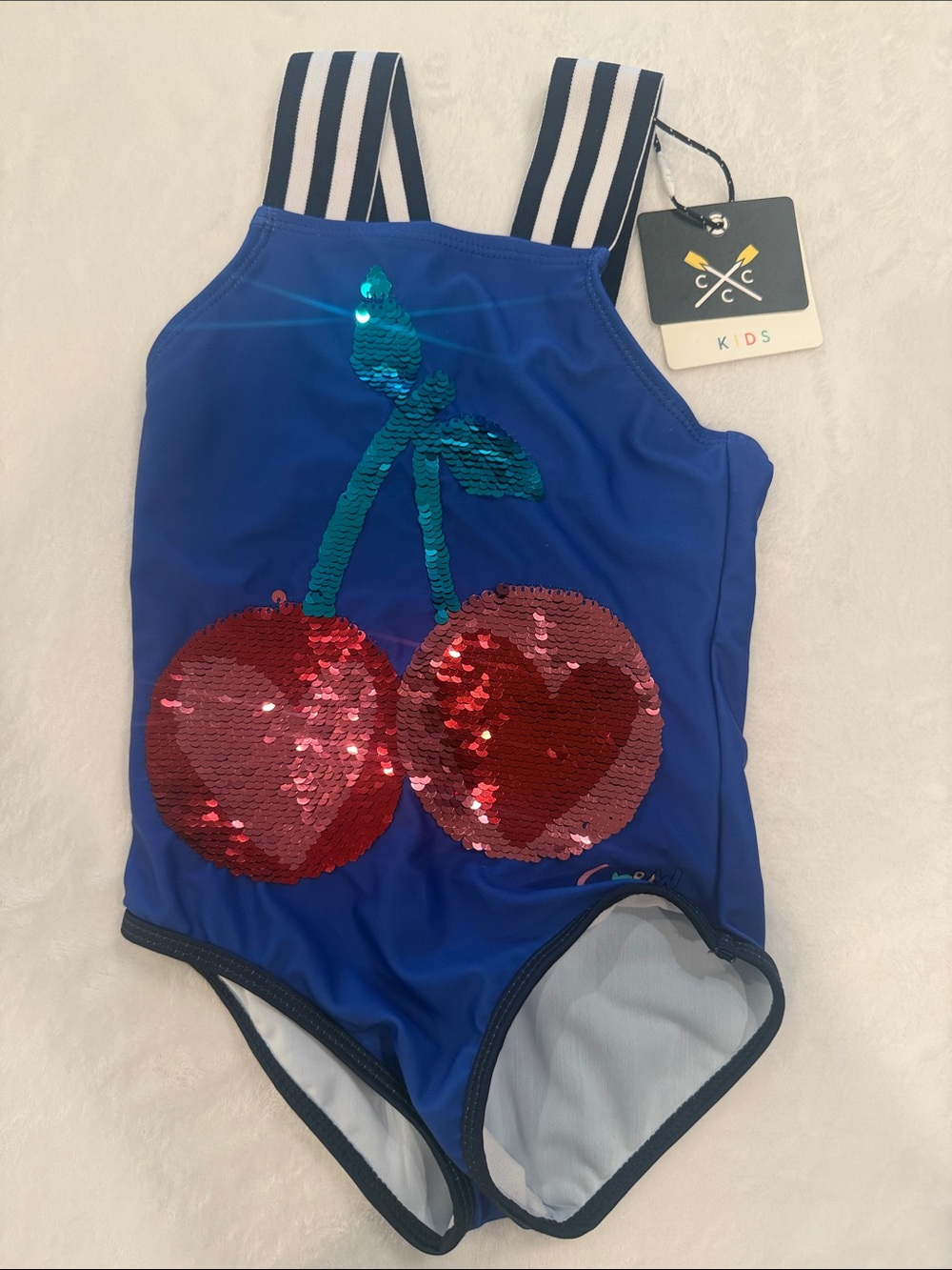 Girls Blue Sequin Cherry One-Piece Swimsuit by Crew Clothing Company CCC